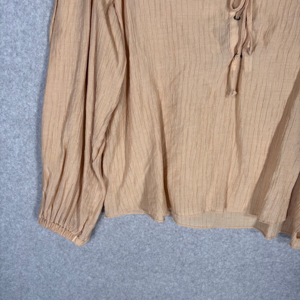 Worthington‎ Lace Up Blouse Large Tan Textured Balloon Sleeve Semi Sheer Neutral - Picture 3 of 11